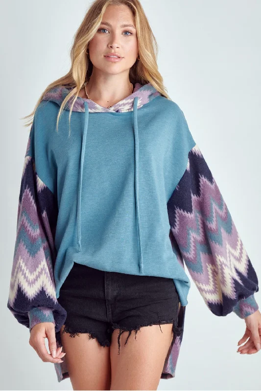 Zig Zag Print Teal Hoodie Sweatshirt Hoodie with Frayed Bohemian Relaxed