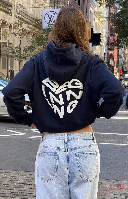 Beginning Navy Lovey Bubble Hoodie Hoodie with Raglan Sleeves Sporty Comfortable