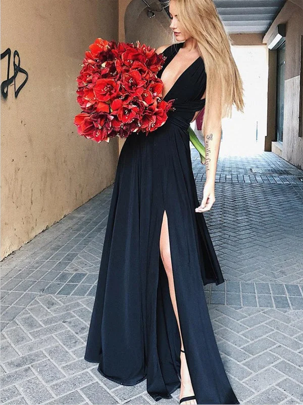 A-Line Deep V-Neck Open Back Long Black Prom Party Dresses with Split, TYP1286 Tunics Mesh breathable A-Line Deep V-Neck Open Back Long Black Prom Party Dresses with Split, TYP1286 Tunics Mesh breathable