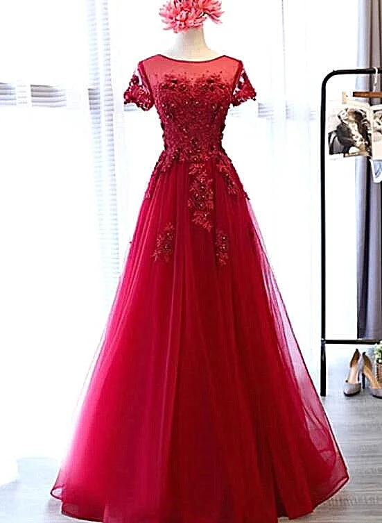 Beautiful Dark Red Tulle Cap Sleeves Long Party Dress, Red Party Dress Tunics Bestseller popular Beautiful Dark Red Tulle Cap Sleeves Long Party Dress, Red Party Dress Tunics Bestseller popular