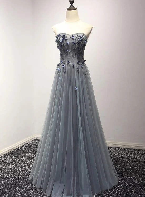 Blue Tulle Sweetheart Long A-line Party Dress, Formal Gowns Tunics Solid Classic