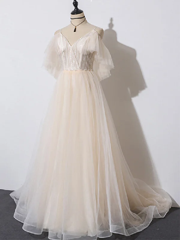 Beautiful Champagne Tulle Long A-line Party Dress, Evening Gown Tunics Velvet soft