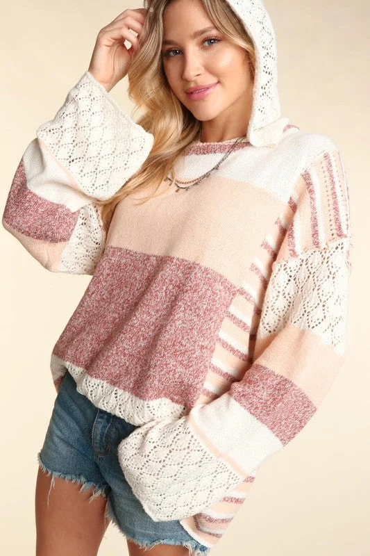 Oversized Striped Knit Hoodie with Crochet Knit Accents Cotton Hoodie Fleece Lining Warmth Oversized Striped Knit Hoodie with Crochet Knit Accents Cotton Hoodie Fleece Lining Warmth