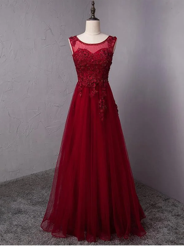 Wine Red Round Neckline Beaded Long Party Dress, Burgundy Tulle Prom Dress Tunics Evening elegant Wine Red Round Neckline Beaded Long Party Dress, Burgundy Tulle Prom Dress Tunics Evening elegant