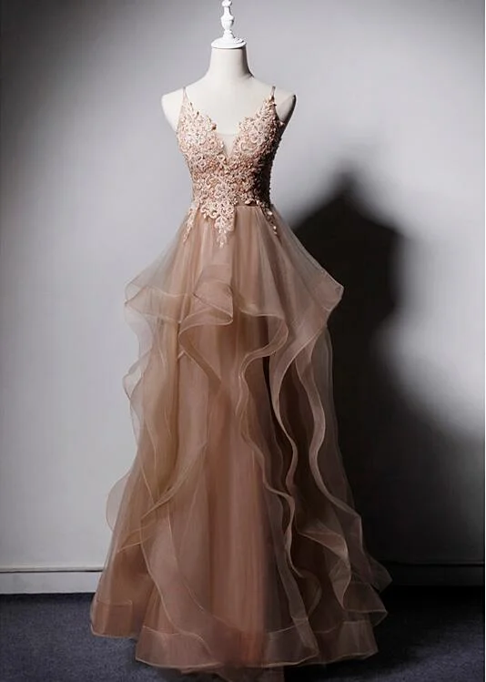 High Quality Tulle V-neclike Long Prom Dress, Lace Applique Straps Party Dress Halter Neckline Beach High Quality Tulle V-neclike Long Prom Dress, Lace Applique Straps Party Dress Halter Neckline Beach