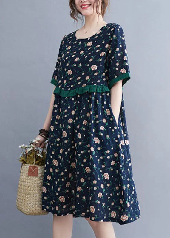Style Navy O-Neck Ruffled Patchwork Print Cotton Party Dress Short Sleeve Tunics Top Casual Style Navy O-Neck Ruffled Patchwork Print Cotton Party Dress Short Sleeve Tunics Top Casual