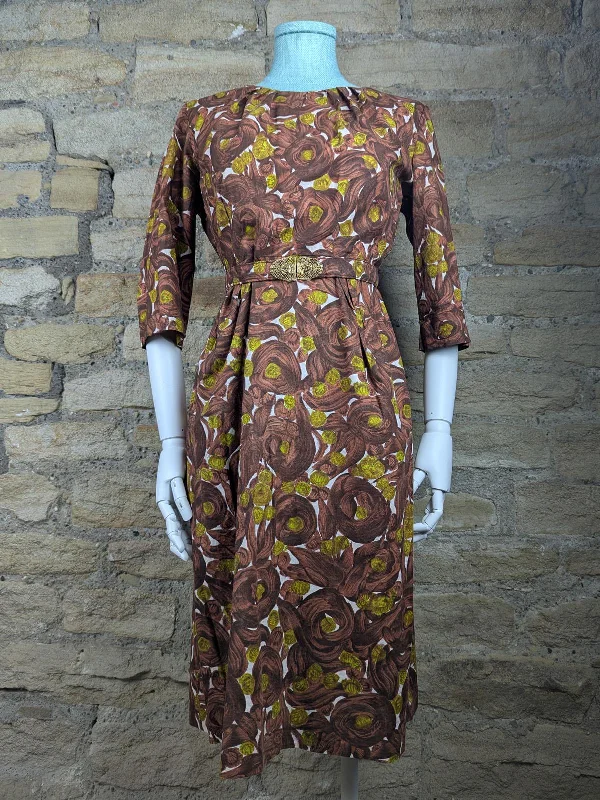 Brown Cotton 1950s Dress Ornate Belt Buckle Tunics Sophisticated sleek