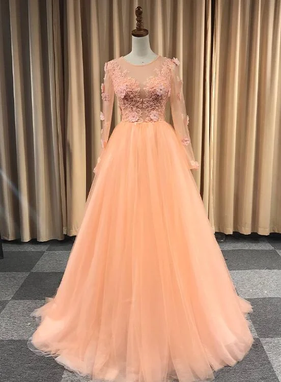 Light Orange Tulle Long Sleeves with Lace Party Dress, Long Prom Dress Formal Dress Turtleneck Neckline Stylish Light Orange Tulle Long Sleeves with Lace Party Dress, Long Prom Dress Formal Dress Turtleneck Neckline Stylish
