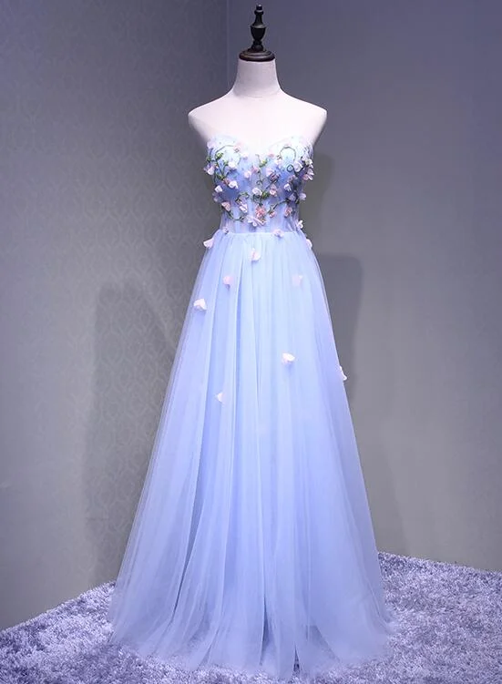 Sweetheart Light Blue Flowers Floor Length Party Dress, Charming Formal Gown Tunics Satin smooth Sweetheart Light Blue Flowers Floor Length Party Dress, Charming Formal Gown Tunics Satin smooth