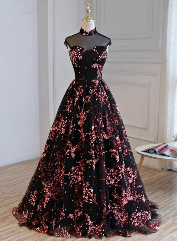 Gorgeous Black Tulle Long Formal Gown, Floral Evening Party Dress Cowl Neckline Elegant Gorgeous Black Tulle Long Formal Gown, Floral Evening Party Dress Cowl Neckline Elegant