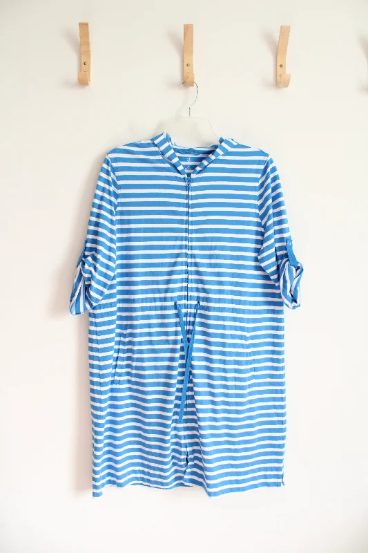 Lands' End Blue & White Striped Cotton Hoodie Dress | L Hoodie with Button Placket Classic Preppy Lands' End Blue & White Striped Cotton Hoodie Dress | L Hoodie with Button Placket Classic Preppy