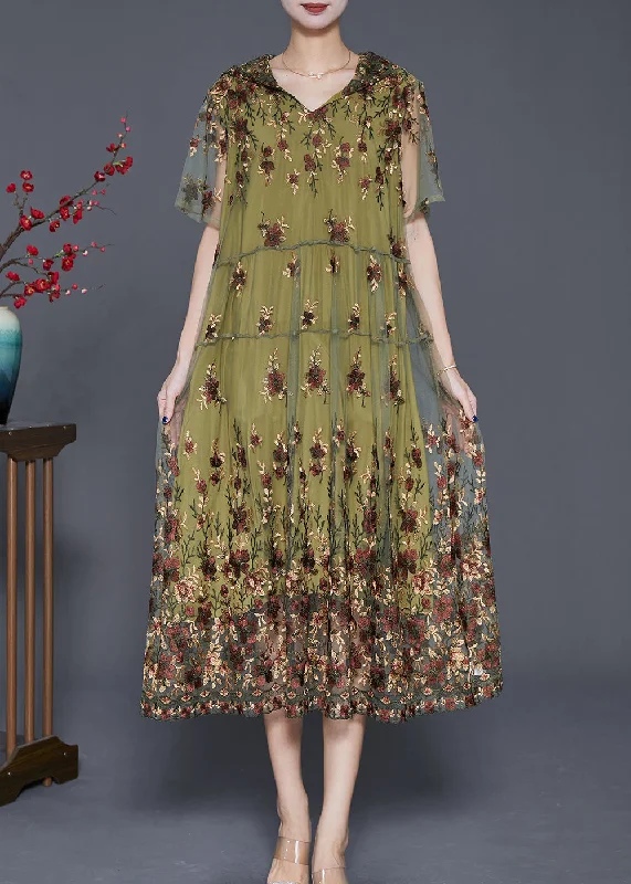 Italian Green Embroideried Tulle Party Dress Summer Tunics Evening elegant