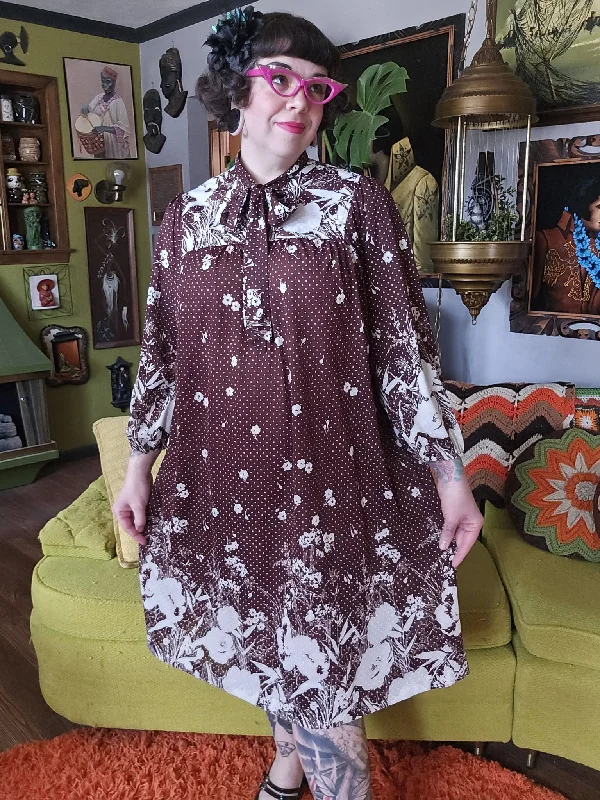 Vintage 1970's Brown Floral Print Dress Tunics Running lightweight