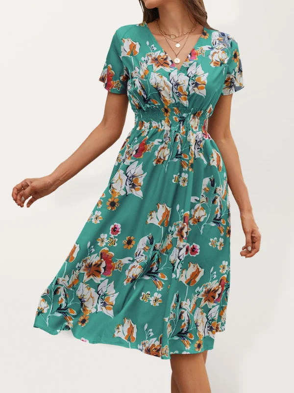 Summer new elegant casual vacation V-neck floral print short-sleeved dress Tunics Cozy comfortable Summer new elegant casual vacation V-neck floral print short-sleeved dress Tunics Cozy comfortable
