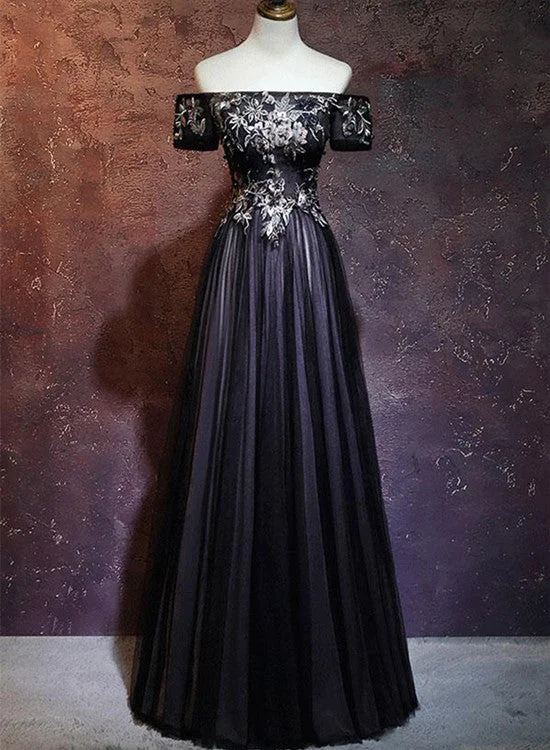 Black Floral Off Shoulder Tulle Long Prom Dress, Evening Party Dress Satin Halter Glamorous Black Floral Off Shoulder Tulle Long Prom Dress, Evening Party Dress Satin Halter Glamorous