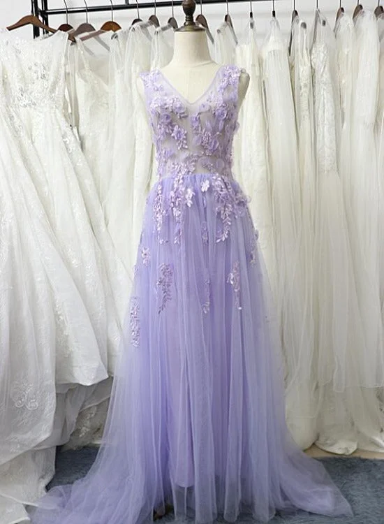 Charming Tulle Floral Light Purple Long Party Dress, A-line Prom Dress Tunics Wedding white Charming Tulle Floral Light Purple Long Party Dress, A-line Prom Dress Tunics Wedding white