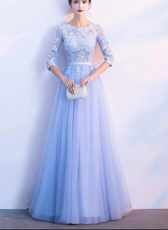 Light Blue Short Sleeves Tulle and Lace Wedding Party Dress, Lovely Formal Dress Boat Neckline Classic Light Blue Short Sleeves Tulle and Lace Wedding Party Dress, Lovely Formal Dress Boat Neckline Classic