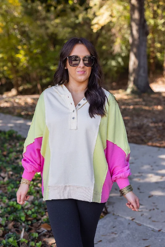 Blissful Days Ivory Colorblock Hoodie Hoodie with Relaxed Fit Easy Casual