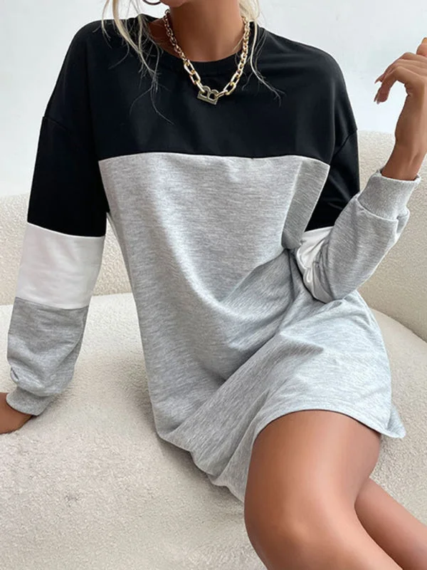 Blue Zone Planet | Fashion long sleeve color block sweatshirt dress Hoodie with High Neck Warm Protective Blue Zone Planet | Fashion long sleeve color block sweatshirt dress Hoodie with High Neck Warm Protective
