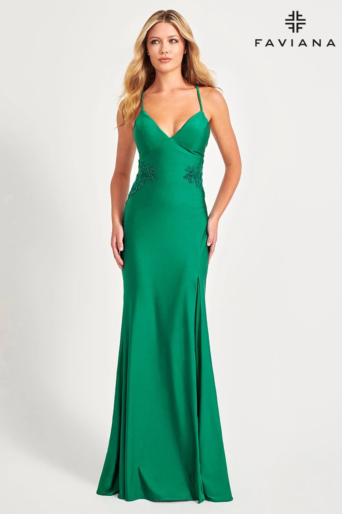 Faviana 11020 V-Neck Lace Up Back Long Dress With Beaded Lace At Waist And Skirt Tunics Chinos classic