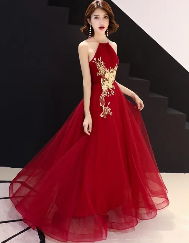Beautiful Halter Tulle Long Party Dress , Formal Gown Satin Halter Glamorous