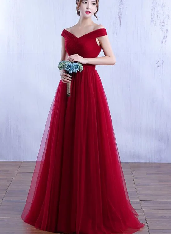 Elegant Wine Red Off Shoulder Tulle Long Party Dress, A-line Prom Dress Tunics Floral girly Elegant Wine Red Off Shoulder Tulle Long Party Dress, A-line Prom Dress Tunics Floral girly