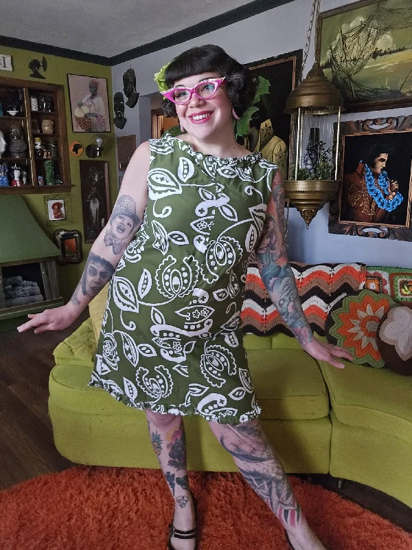 Vintage 1960's Olive Green Hawaiian Dress Tunics stripes playful