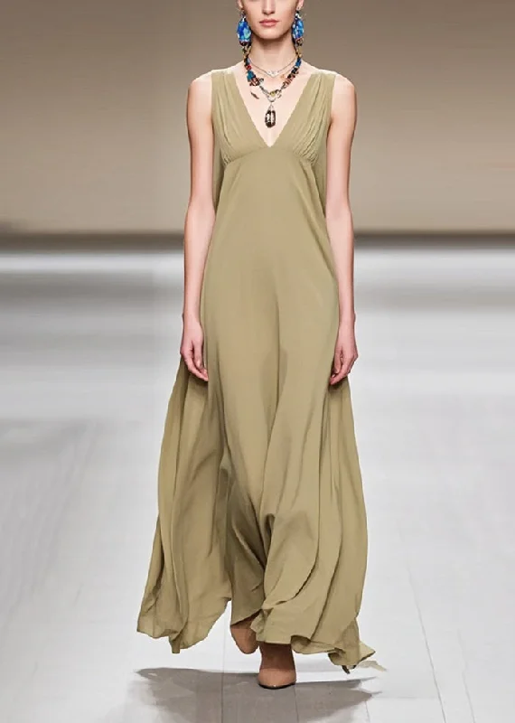 Stylish Khaki V Neck Draping Chiffon Party Dress Sleeveless Tunics New arrival
