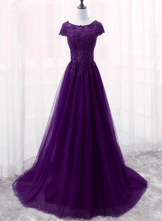 Cute Purple Tulle with Lace Applique Long Party Dress, New Prom Gown Crew Neckline Sporty Cute Purple Tulle with Lace Applique Long Party Dress, New Prom Gown Crew Neckline Sporty