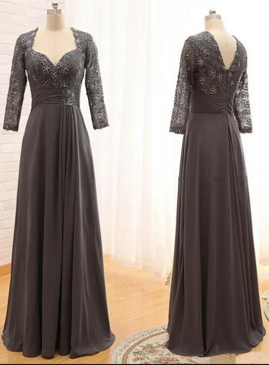 Grey Long Sleeves Chiffon with Lace Detail Wedding Party Dress, Long Formal Dress Tunics Sophisticated sleek Grey Long Sleeves Chiffon with Lace Detail Wedding Party Dress, Long Formal Dress Tunics Sophisticated sleek