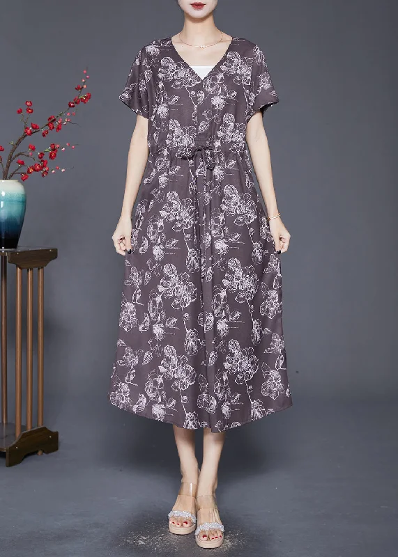 Art Chocolate Cinched Print Silk Party Dress Summer Tunics Party sparkling