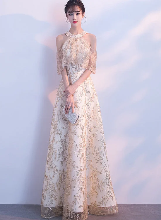 Charming Champagne Halter Long Party Dress, Formal Dress Tunics Chinos classic