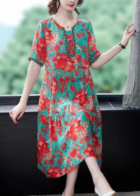 Beautiful Red O-Neck Print Silk Party Dress Summer Tunics Satin smooth