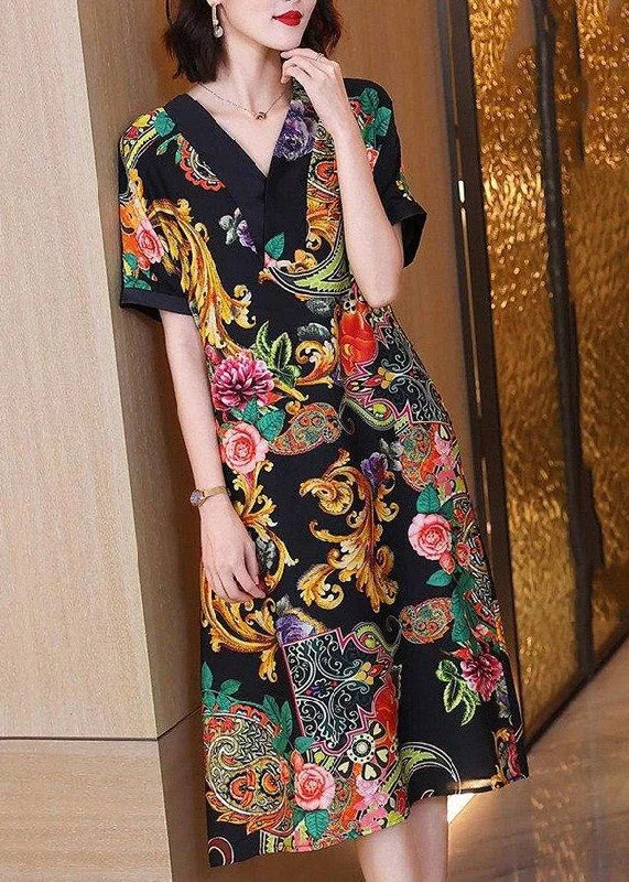 Elegant V Neck Print Silk Party Dress Short Sleeve empire Waist empire