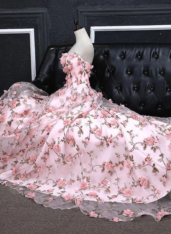 Pink Floral Lace Long A-line Prom Dress, Lace-up Party Dress Tunics Fashionable trendy Pink Floral Lace Long A-line Prom Dress, Lace-up Party Dress Tunics Fashionable trendy