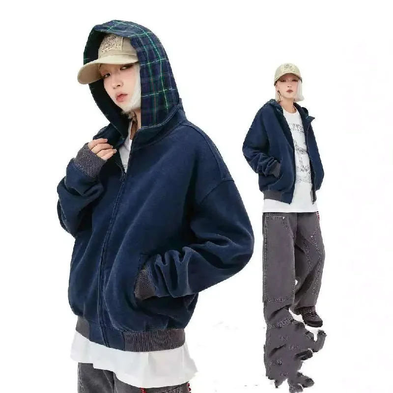 American Retro Plaid Hoodie Hoodie with Velcro Closure Adjustable Secure