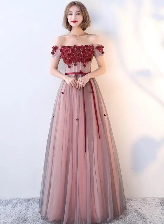 Beautiful Red Off Shoulder Tulle with Applique Long Party Dress, Senior Prom Gown Chiffon Maxi Beach Beautiful Red Off Shoulder Tulle with Applique Long Party Dress, Senior Prom Gown Chiffon Maxi Beach