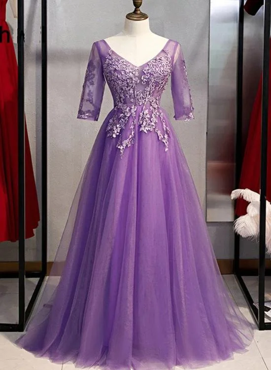 Purple  V Neck Tulle Long Party Dress with Sleeves, Prom Dress Tunics Lace romantic