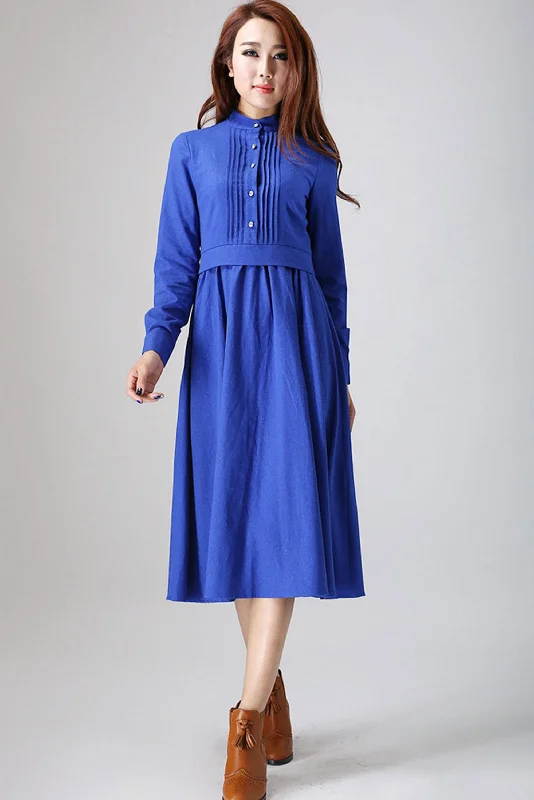 Blue dress woman Linen dress custom made long dress with pleated detail 798# empire Waist empire