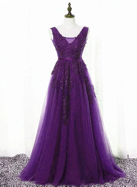 Beautiful Purple Tulle A-line Party Dress, Long Bridesmaid Dress A-Line Day Work