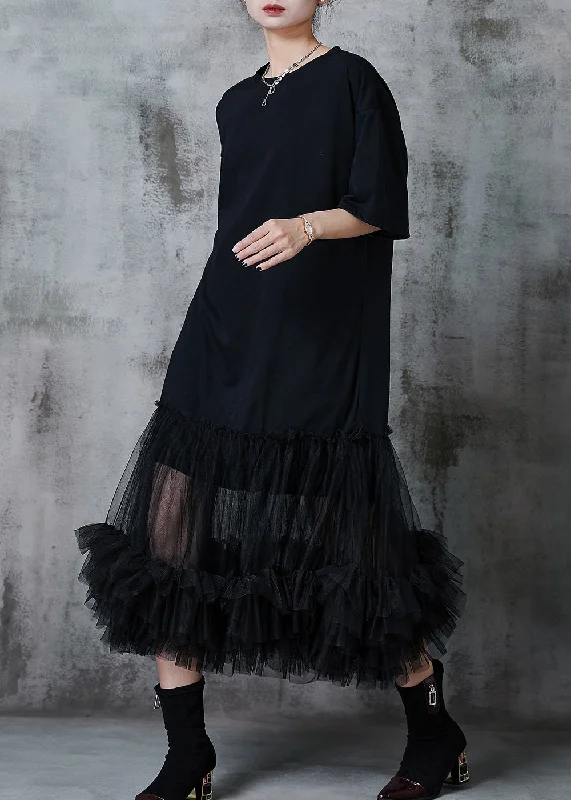 Women Black Oversized Patchwork Cotton Party Dress Summer Tunics Luxurious premium