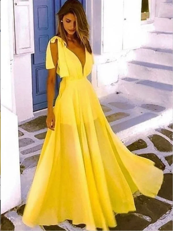 A-Line V-Neck Low Cut Long Cheap Yellow Chiffon Prom Party Dresses Online, TYP1294 Tunics Plaid country A-Line V-Neck Low Cut Long Cheap Yellow Chiffon Prom Party Dresses Online, TYP1294 Tunics Plaid country