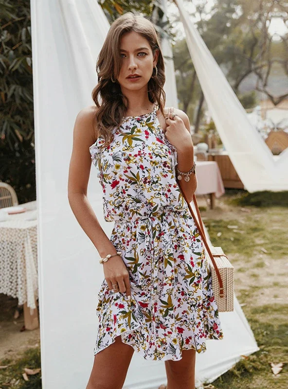 CASUAL SLEEVELESS RUFFLES ABOVE KNEE MINI FLORAL DRESS Casual Short Summer