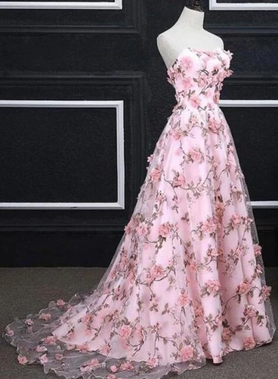 Pink Floral Lace Sweetheart Long Party Dress, A-line wedding Party Dress Pencil Length Work Pink Floral Lace Sweetheart Long Party Dress, A-line wedding Party Dress Pencil Length Work