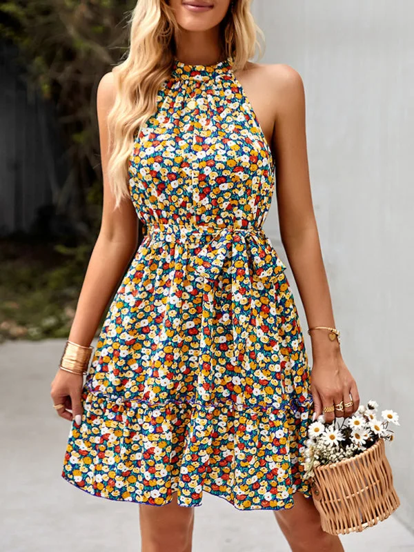 Halter Neck Print Sleeveless Resort Swing Dress Floral Print girly