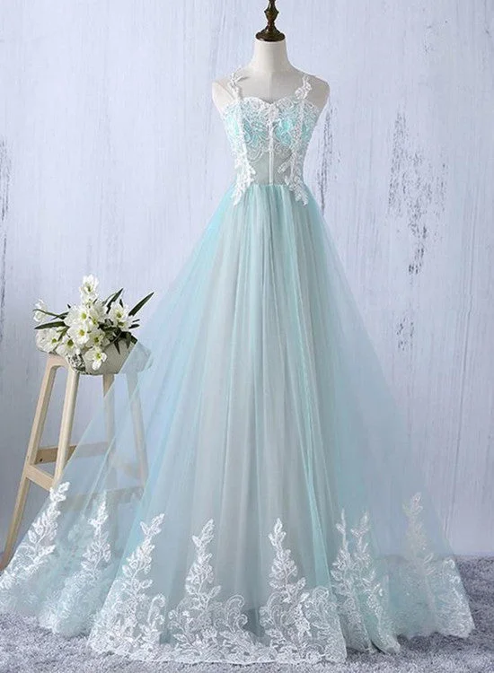 Elegant Mint Tulle A-line Straps Floor-length Appliques Long Simple Prom Dress, Wedding Party Dress Turtleneck Warm Winter Elegant Mint Tulle A-line Straps Floor-length Appliques Long Simple Prom Dress, Wedding Party Dress Turtleneck Warm Winter