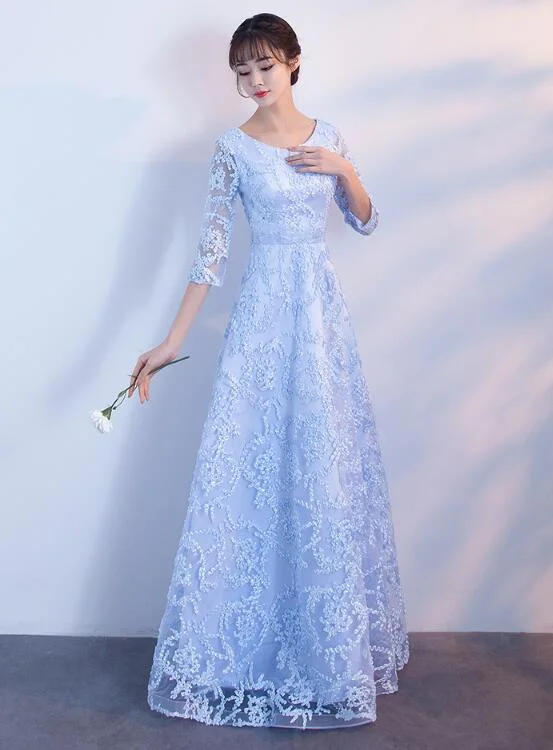 Light Blue 1/2 Sleeves Lace Long Prom Dress, Blue Party Dress Tunics Gym athletic