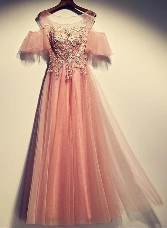 Beautiful Dark Pink Tulle Long Formal Dress , Off Shoulder with Straps Party Dress Cowl Neckline Elegant