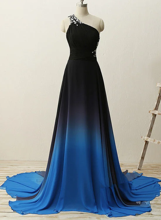 One Shoulder Beaded Chiffon Gradient Long Party Dress, Blue Formal Dress, Prom Dress Tunics Bridal satin One Shoulder Beaded Chiffon Gradient Long Party Dress, Blue Formal Dress, Prom Dress Tunics Bridal satin