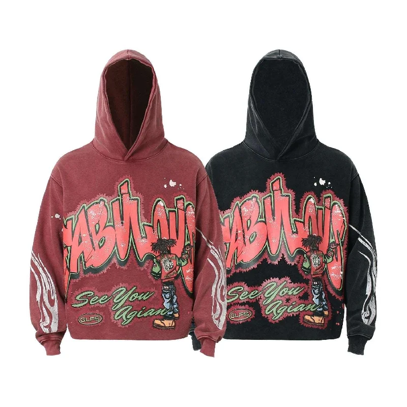 American Street Fashion Water-Washed Printed Hoodie Hoodie with Rolled Sleeves Casual Relaxed American Street Fashion Water-Washed Printed Hoodie Hoodie with Rolled Sleeves Casual Relaxed